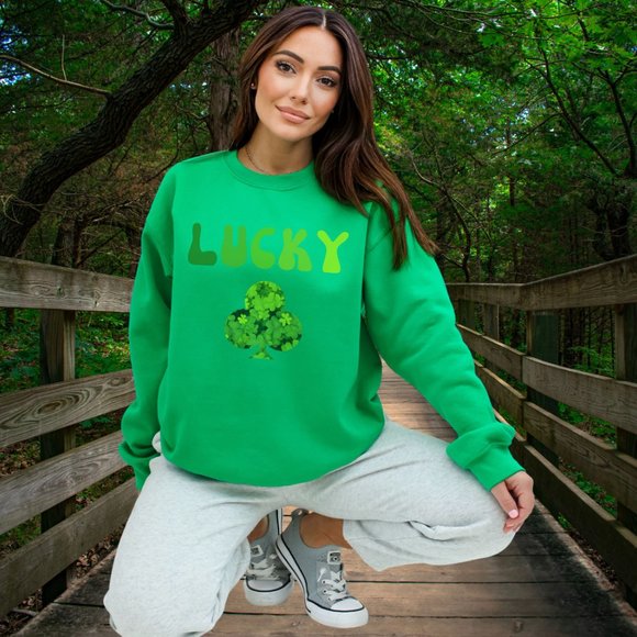 Shamrock Lucky Saint Patric's Day College Sweatshirt Green Sweater Clover - Picture 7 of 11